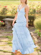 Decebal | A Line Pink Chiffon Tiered Ruffles Long Prom Dress