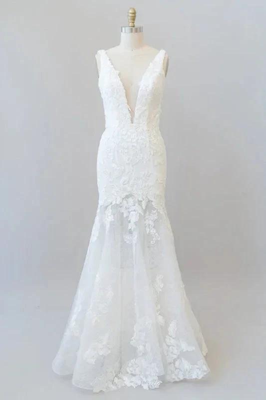 Deep V-neck Appliques Tulle Mermaid Elegant Wedding Dresses