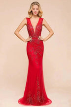 Deep V-Neck Sleeveless Lace Appliques Evening Maxi Dress A-line Chiffon Prom Dress
