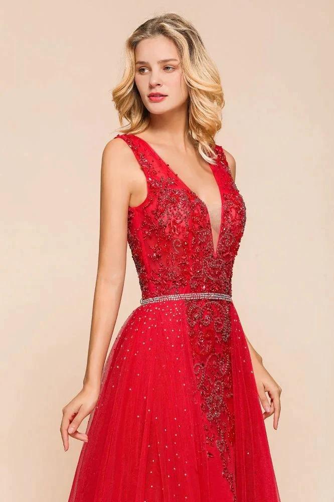 Deep V-Neck Sleeveless Lace Appliques Evening Maxi Dress A-line Chiffon Prom Dress