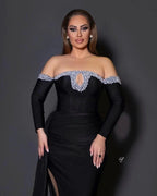 Deluxe Black Floor Length Long Sleeves Mermaid Satin Prom Dress with beads