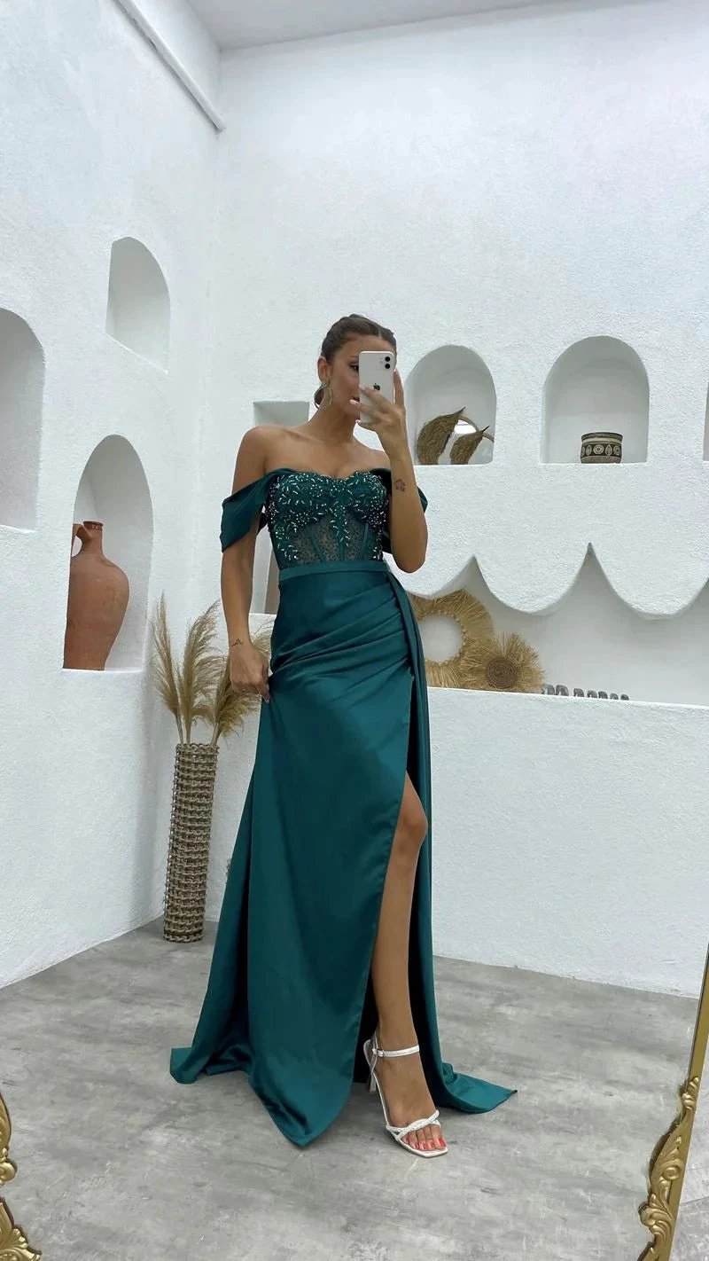 Deluxe Floor Length Off-The-Shoulder Sleeveless Mermaid Satin Prom Dress with Split