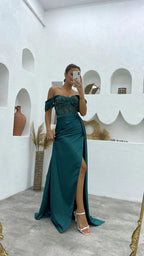 Deluxe Floor Length Off-The-Shoulder Sleeveless Mermaid Satin Prom Dress with Split