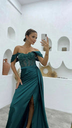 Deluxe Floor Length Off-The-Shoulder Sleeveless Mermaid Satin Prom Dress with Split