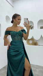 Deluxe Floor Length Off-The-Shoulder Sleeveless Mermaid Satin Prom Dress with Split