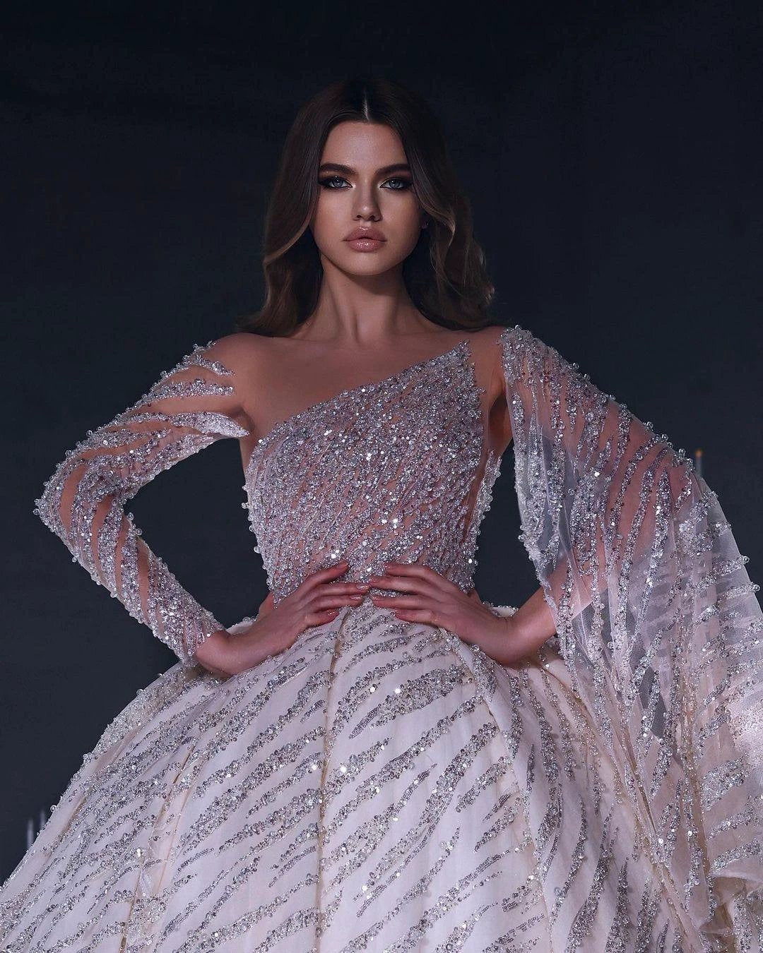 Deluxe Floor Length One-Shoulder A-Line Sequined Wedding Dress with Ruffles