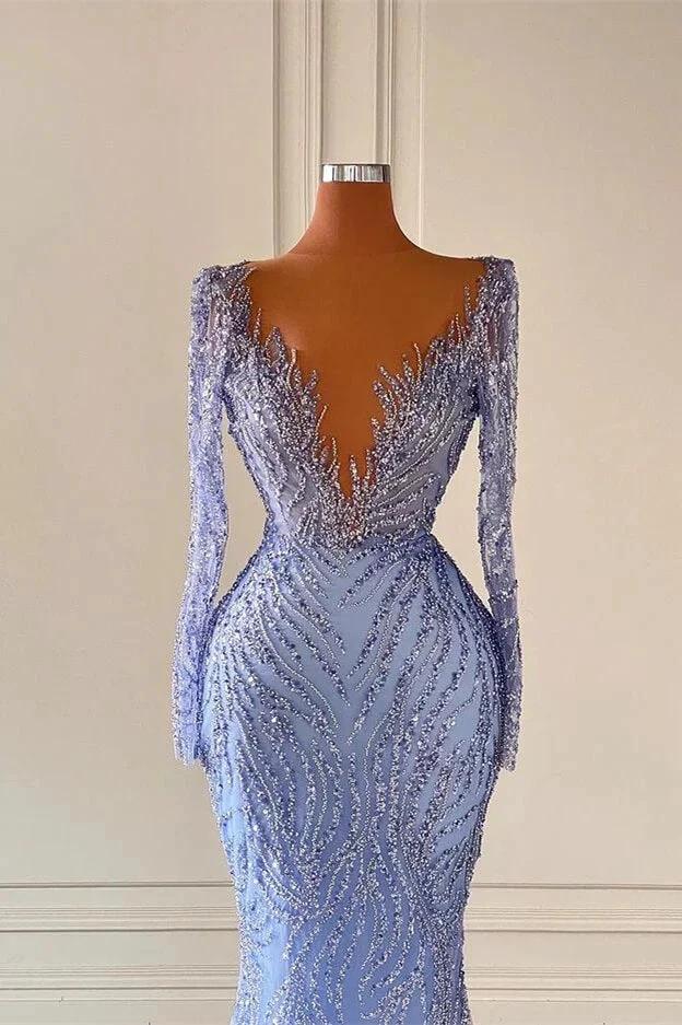 Deluxe Floor Length V-Neck Long Sleeves Mermaid Satin Prom Dress with Beads