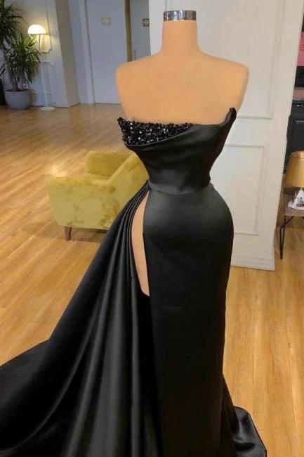 Designer A-line Evening Dresses Long Black Prom Dresses With Slit