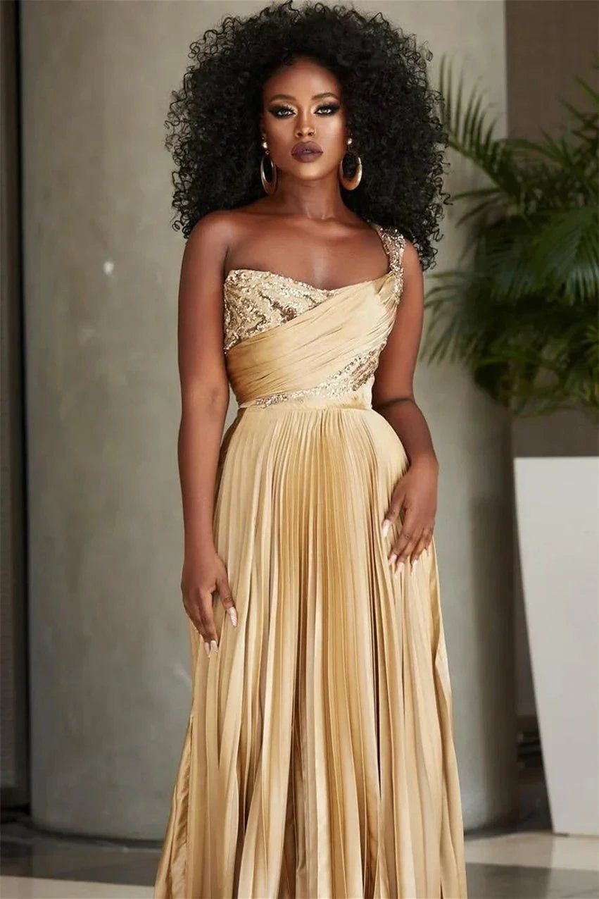 Designer A-line One Shoulder Sequined Prom Dress With Slit