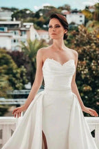 Designer A-line Satin Sleeveless Wedding Dresses With Lace