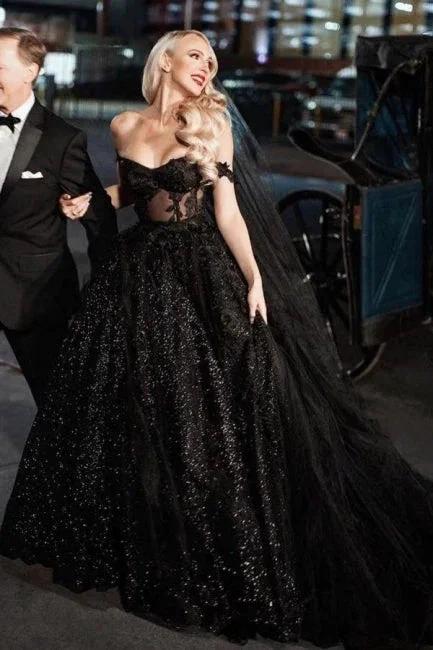 Designer Black A-Line Off-the-shoulder Glitter Wedding Dresses With Lace