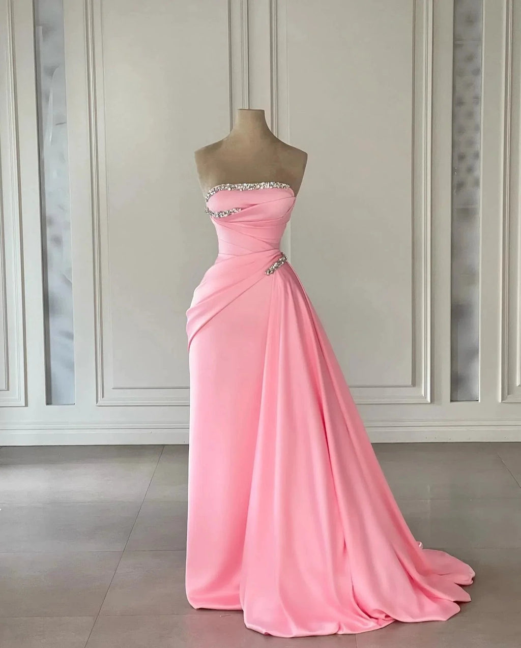 Designer Column Satin Strapless Sleeveless Pink Prom Dresses With Rhinestone