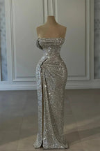 Designer Column Sequined Strapless Sleeveless Prom Dresses With Ruffles