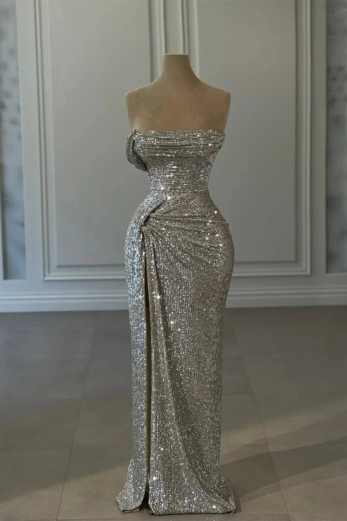 Designer Column Sequined Strapless Sleeveless Prom Dresses With Ruffles