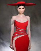 Designer Column Tulle Satin One Shoulder Sleeveless Red Prom Dresses With Beading