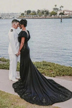 Designer jewel sleeveless mermaid satin split Wedding dresses with lace
