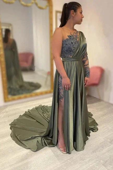 Designer Long A-line Lace Split Evening Dresses With Long Sleeve
