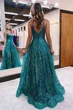 Designer Long A-line Spaghetti Straps Lace Sleeveless Prom Dress With Slit