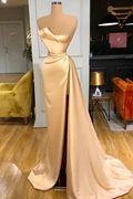 Designer Long Champagne A-line Sleeveless Split Prom Dress With Train