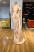 Designer Long Champagne Mermaid Satin Prom Dress With Long Sleeves