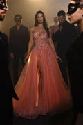 Designer Long Coral A-line One Shoulder Beading Sleeveless Evening Dresses With Slit