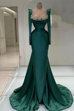 Designer Long Dark Green Beading Pearls Mermaid Prom Dresses with Long Sleeves