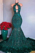 Designer Long Dark Green Halter Sleeveless Lace Prom Dress