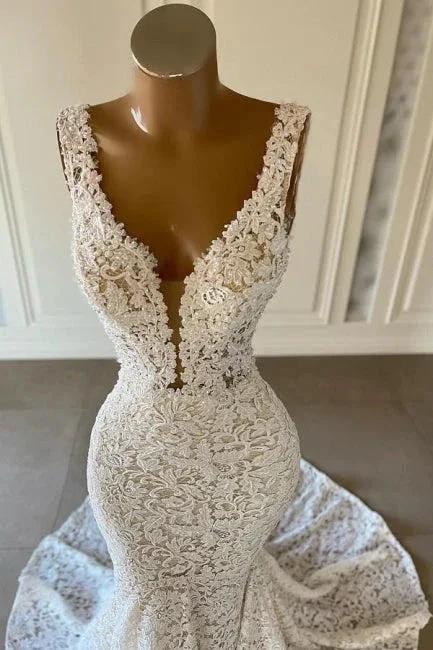 Designer Long Mermaid V-neck Sleeveless Wedding Dresses With Lace