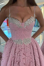 Designer Long Pink Spaghetti Straps Evening Dresses With Lace