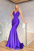 Designer Long Purple V-neck Sleeveless Mermaid Prom Dress