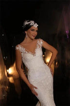 Designer Long V-neck Mermaid Lace Appliques Sleeveless Wedding Dresses