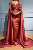 Designer Red Long Mermiad V-neck Lace Evening Dresses With Sleeves