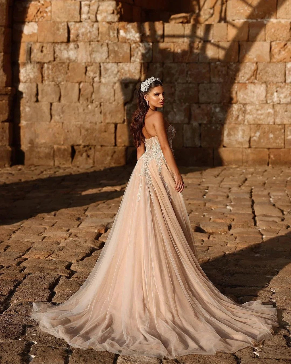 Designer Sweetheart Long A-line Glitter Lace Wedding Dress With Slit