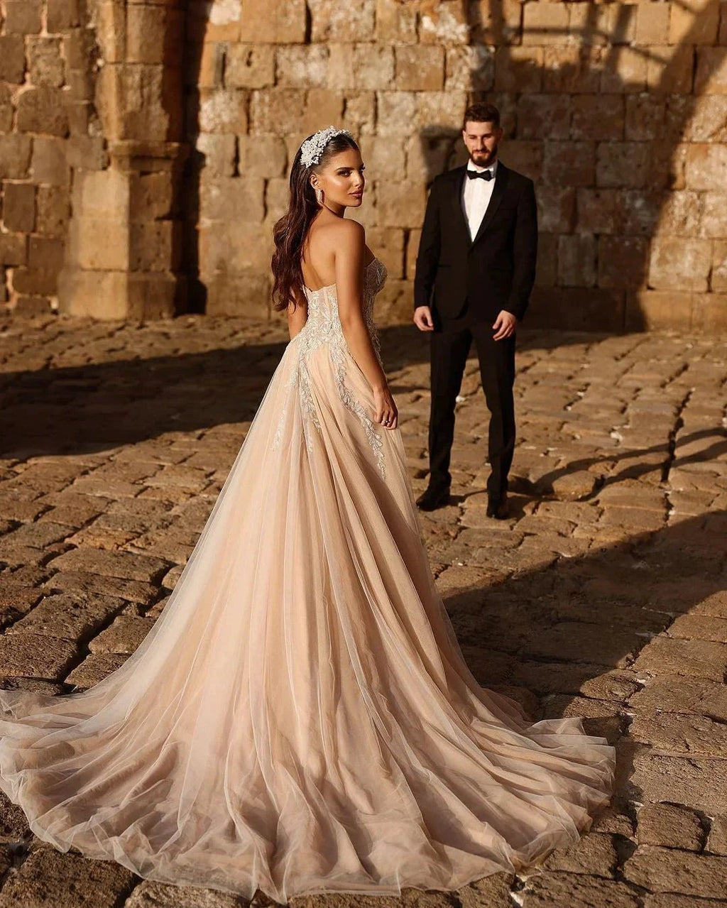 Designer Sweetheart Long A-line Glitter Lace Wedding Dress With Slit