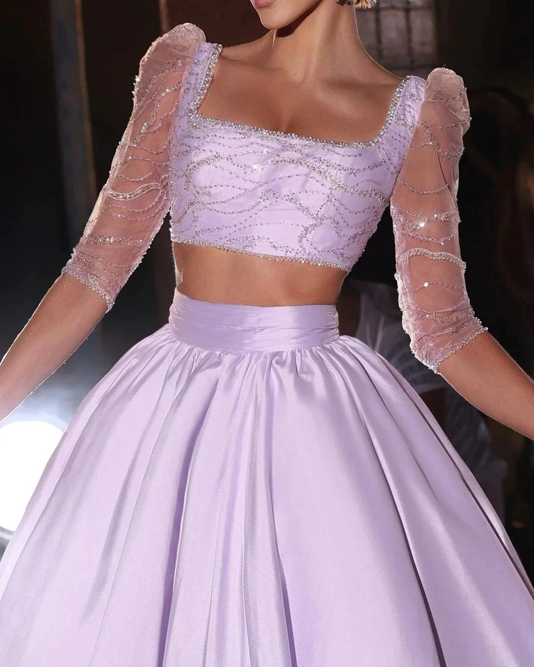 Designer Two Pieces A-line 3/4-Length Sleeves Beading Prom Dress