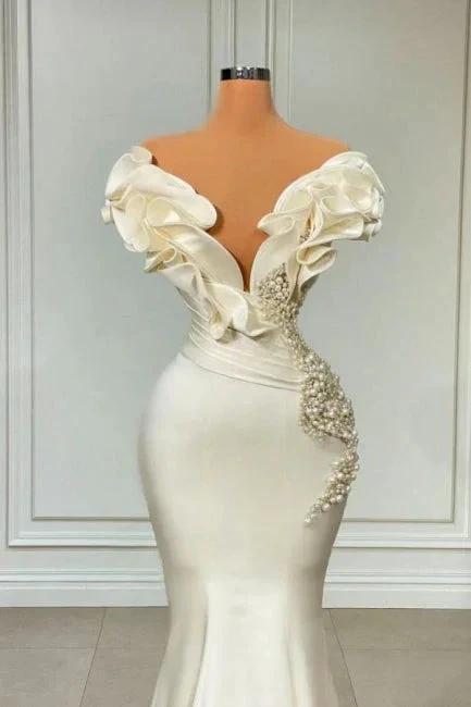 Designer White Long Pearl Ruffle Evening Dresses