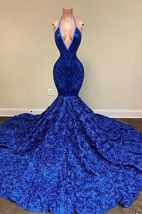 Dignified Blue Halter V-neck Sequins Split Front Sleeveless Floor-length Mermaid Prom Dresses