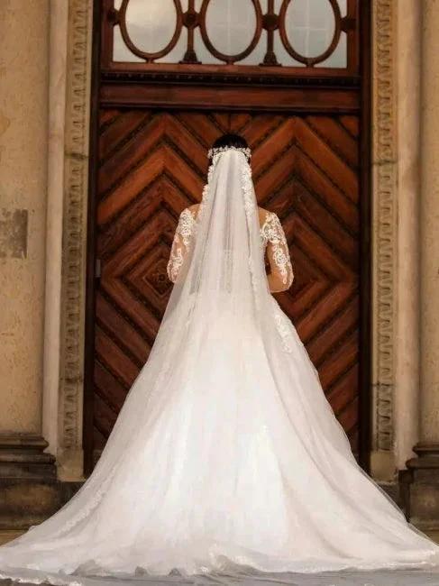Dignified Sweetheart Appliques Lace Long Sleeve Mermaid Wedding Dresses with Train