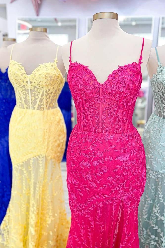 Peregrine | Hot Pink Lace Applique Long Mermaid Dress with Slit
