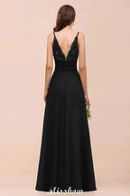 Double V-Neck Front Split Bridesmaid Dress Formal Party Dress for Wedding Black