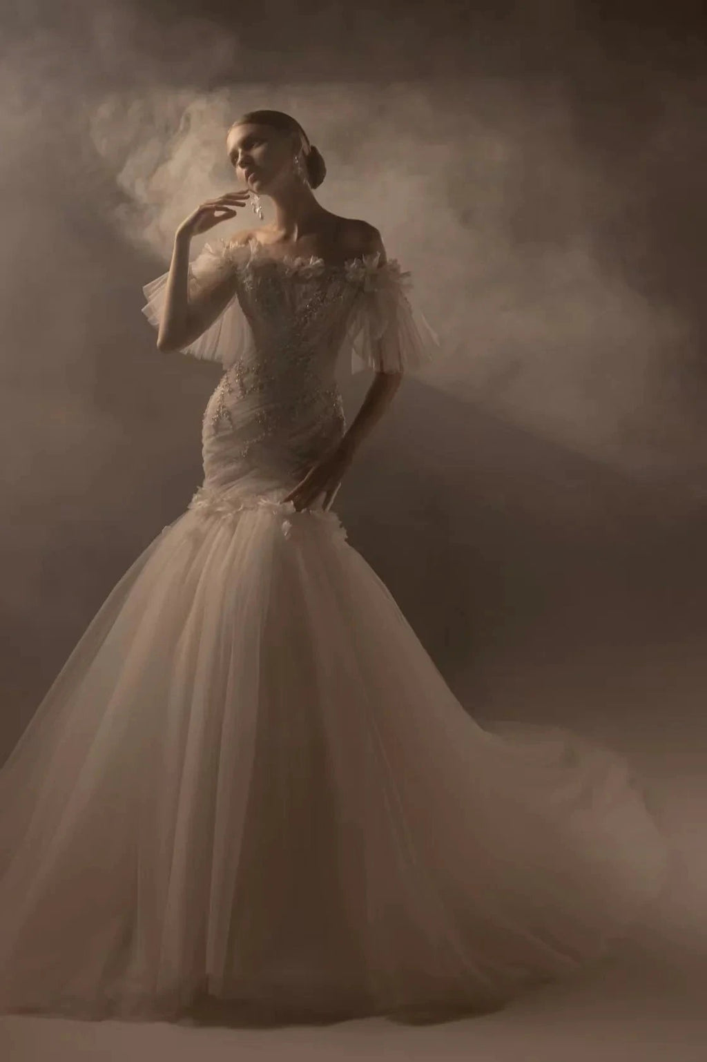 Ethereal Mermaid Off-the-Shoulder Tulle Wedding Dress with Beaded Embroidery & 3D Floral Accents H011
