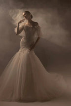 Ethereal Mermaid Off-the-Shoulder Tulle Wedding Dress with Beaded Embroidery & 3D Floral Accents H011