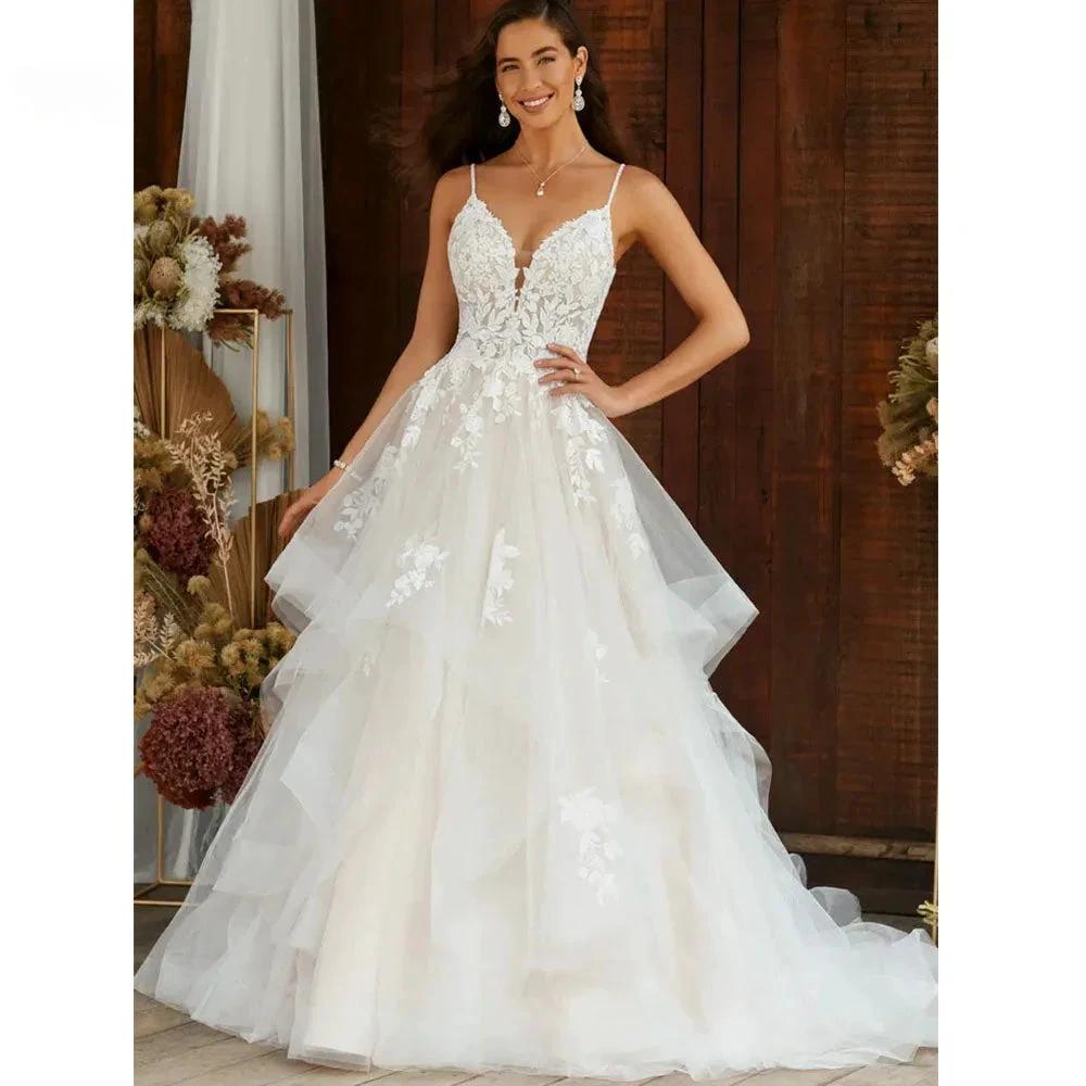 Boho Elegant Wedding Dress For Women  V-Neck A-Line Tiered Lace Appliques Backless Bridal Gowns Vestidos De Novia