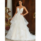 Boho Elegant Wedding Dress For Women  V-Neck A-Line Tiered Lace Appliques Backless Bridal Gowns Vestidos De Novia