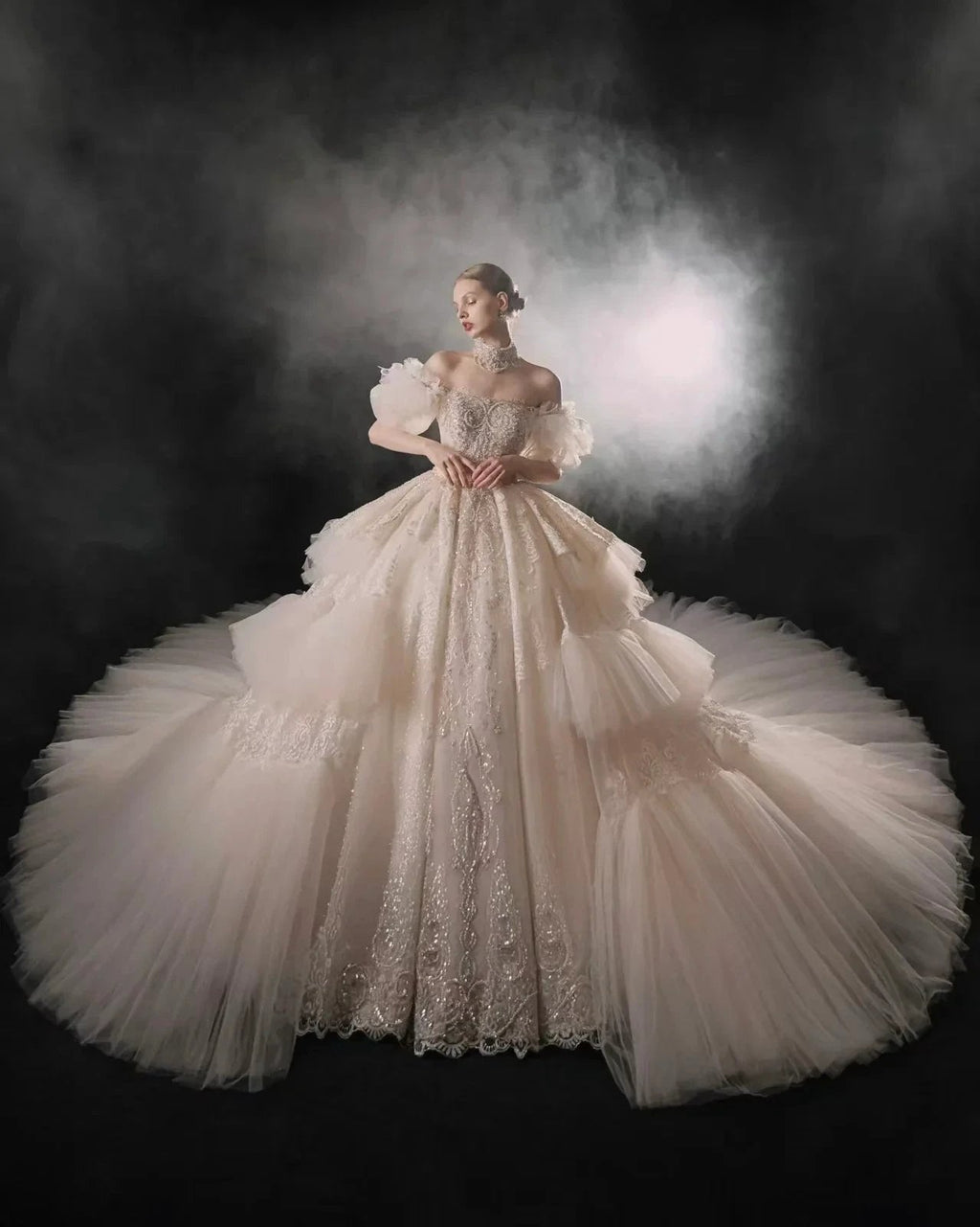 Opulent Off-the-Shoulder Ball Gown Tulle Puff Sleeve Beaded Lace Wedding Dress with Layered Ruffled Train & Choker Q6001