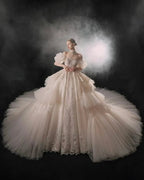 Opulent Off-the-Shoulder Ball Gown Tulle Puff Sleeve Beaded Lace Wedding Dress with Layered Ruffled Train & Choker Q6001