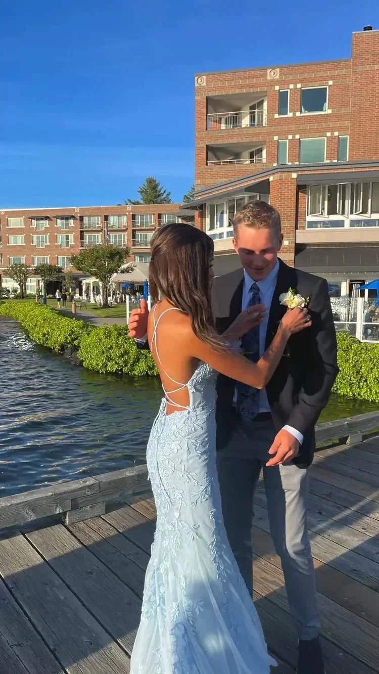 Mermaid Long Baby Blue Lace Prom Dresses Spaghetti Straps Evening Dress Y1733