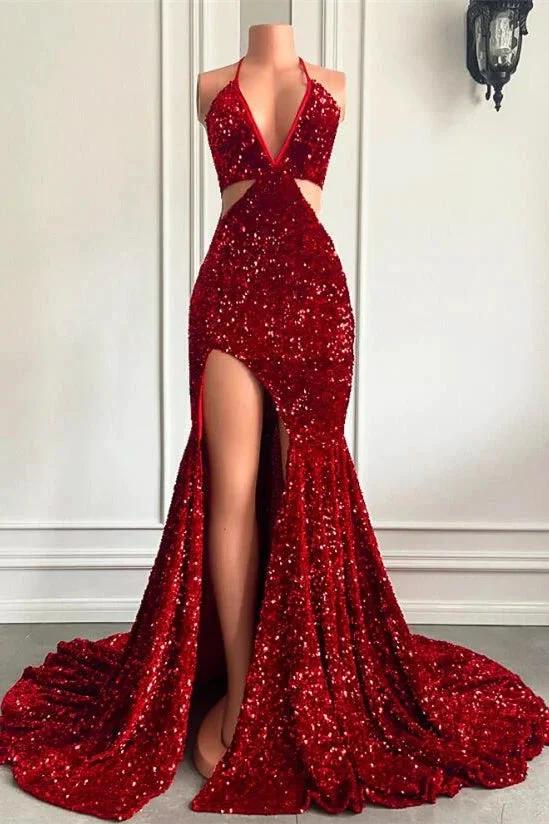 Split Front Red Halter V-Ncek Sequin Floor Length Mermaid Prom Dress