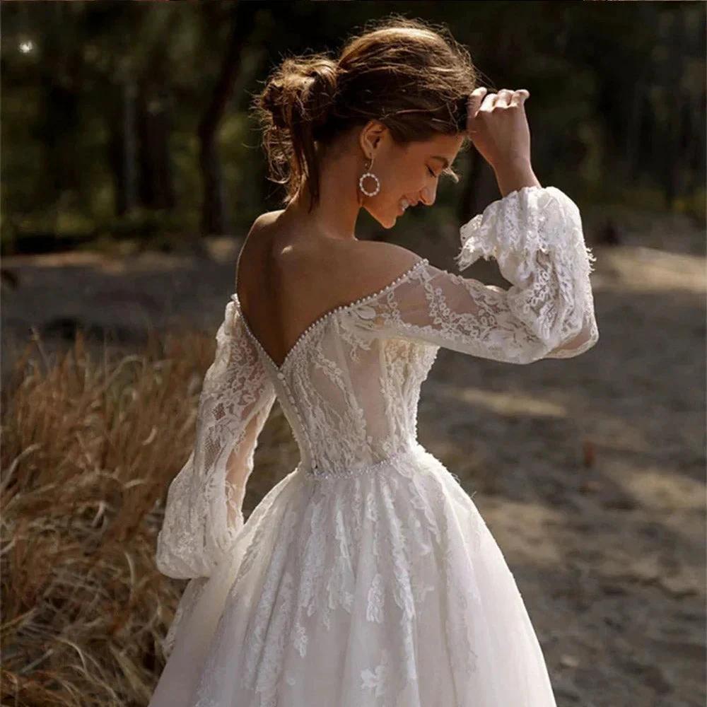 Off The Shoulder Wedding Dress Lace Applique Sweetheart Bridal Gown Puff Long Sleeves Vestido De Novia
