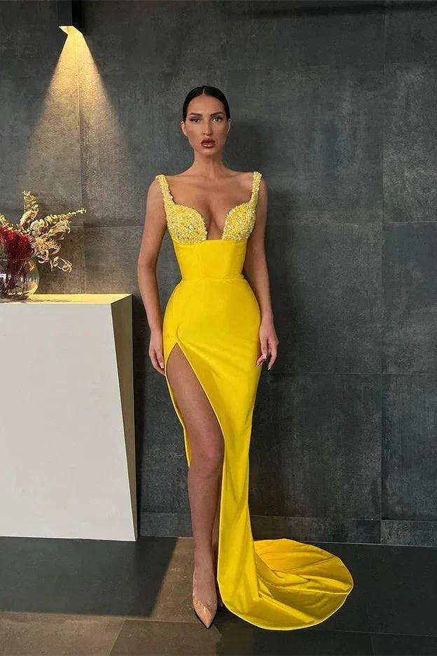 Sweetheart Yellow Mermaid Prom Dress with Slit and Beads